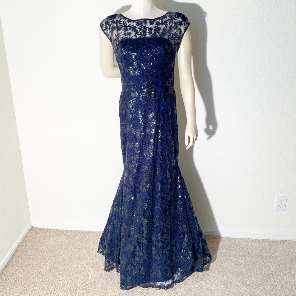 Navy Blue Sequin Gown Floral Mermaid Dress Sheer Neckline Formal Fancy Prom Gala